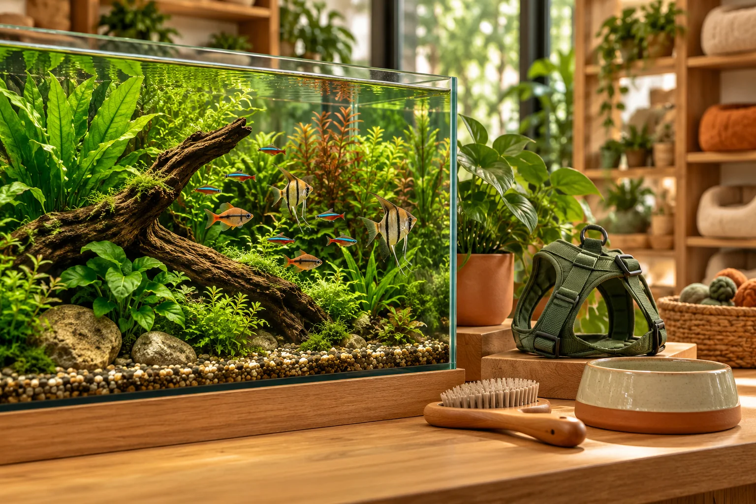 Illustratief beplant aquarium naast dierenverzorgingsaccessoires, geen foto van Rob's winkel